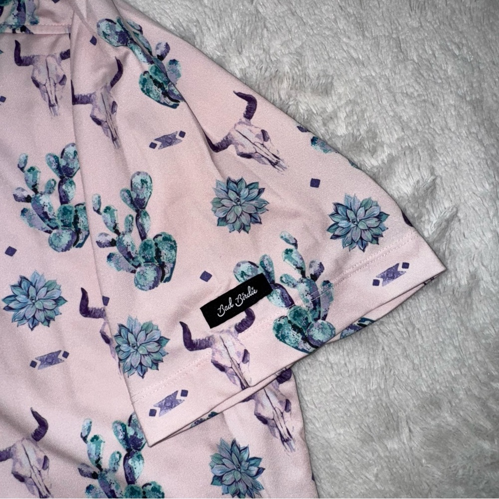 Men’s Bad Birdie Pink Cactus and Skull Polo Sz L
